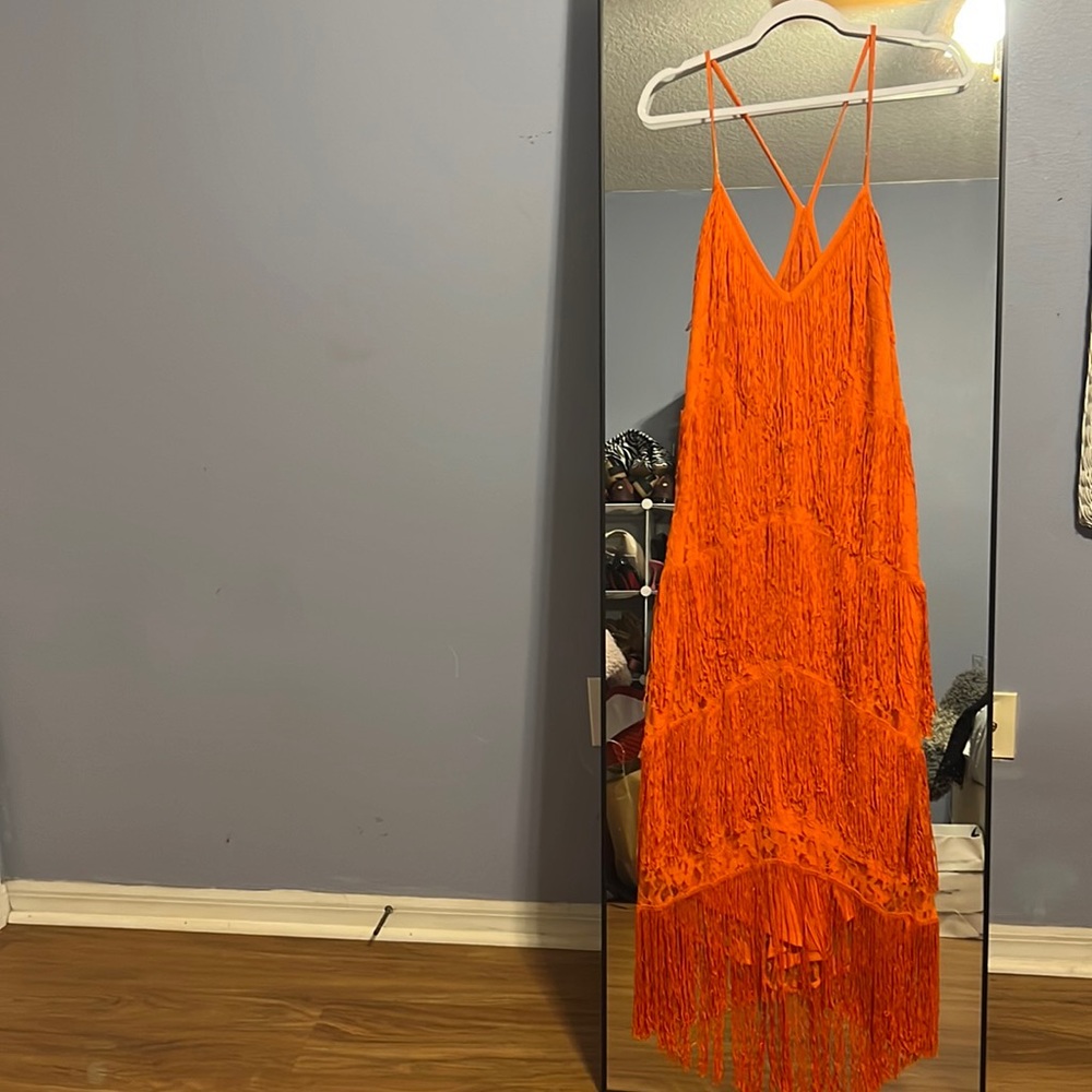 Orange fringe spaghetti strap racer back dress